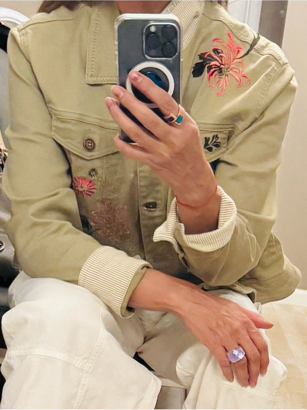 TEHAMA Olive Jean Jacket with Floral Embroidery